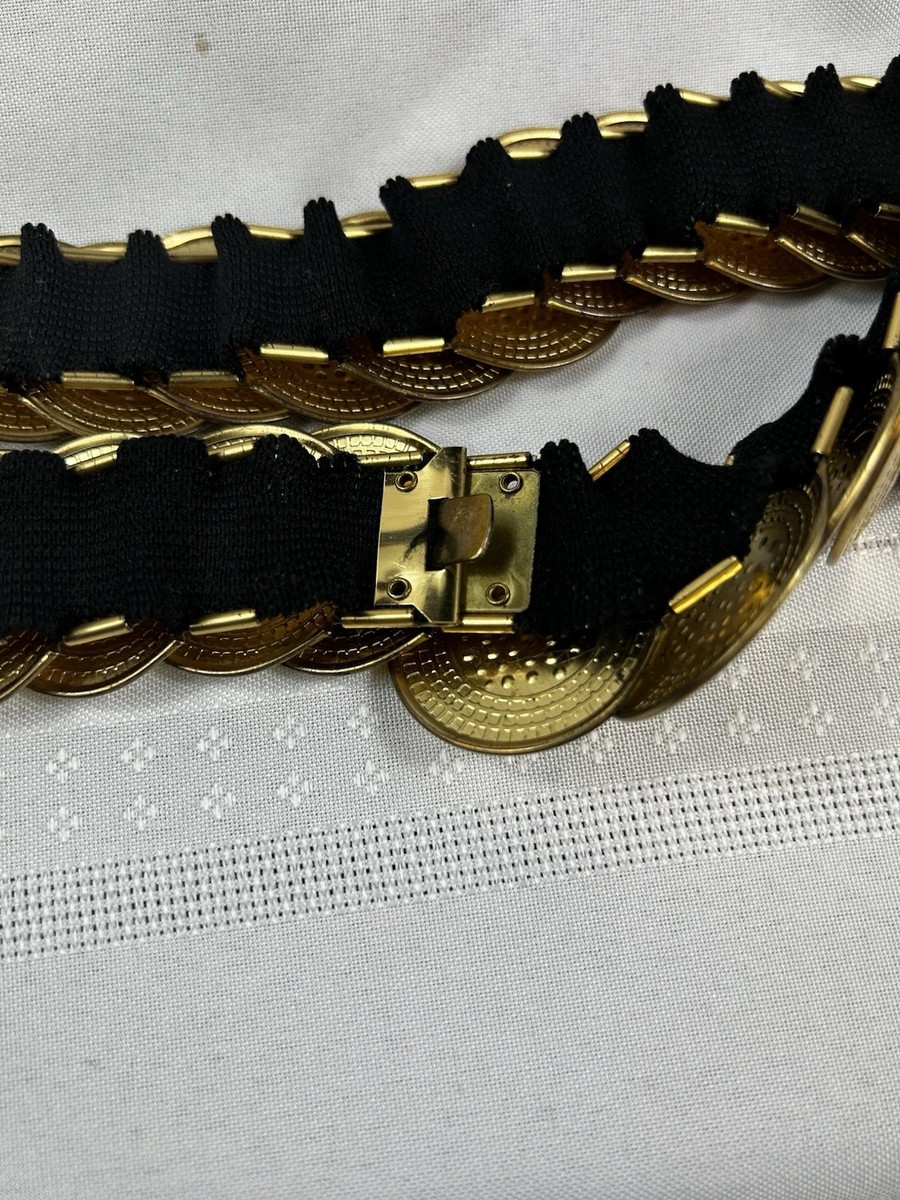 Vintage 80s Gold Coin Linked Medallion Disc Stretch Belt 