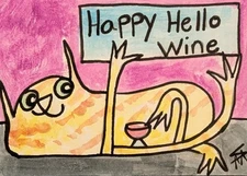 ACEO Cat Painting Original Collectible Modern Wine Art Card Samantha McLean