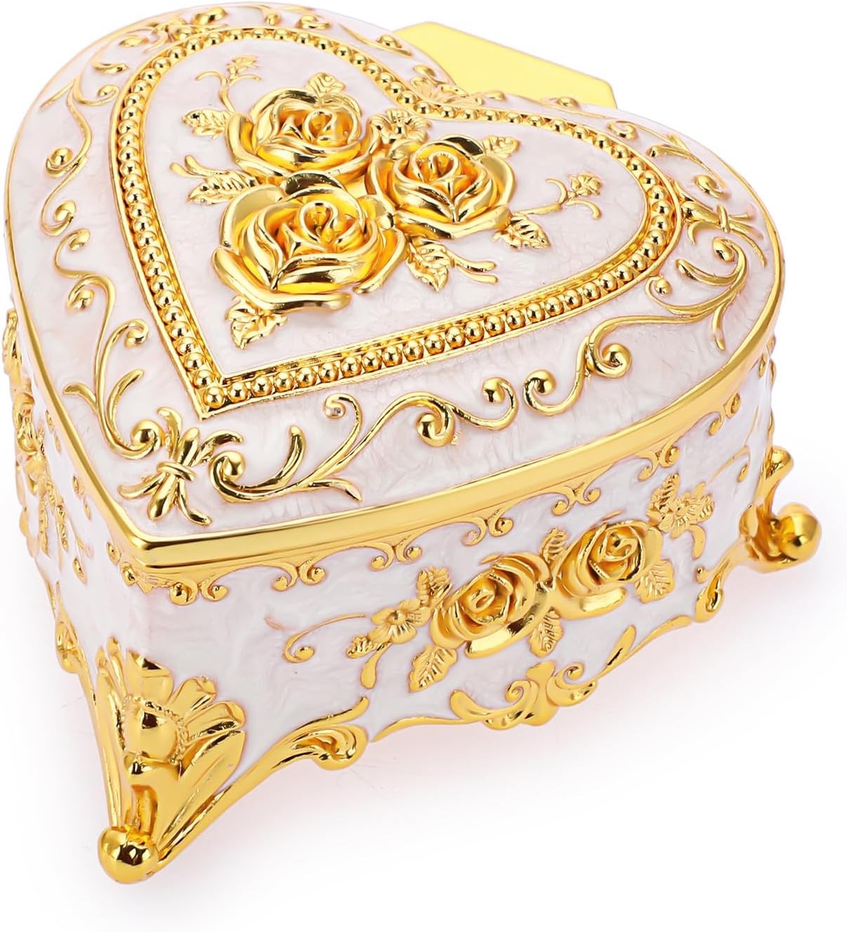 Vintage Metal Jewelry Box - Heart Shape Trinket Organizer Ring Box Case with Ros