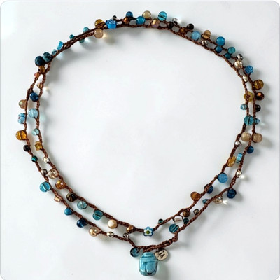 Thread & Luster Hand-Crocheted Boho Necklace Glass Beads MOP Ceramic Scarab 40''