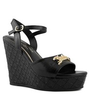 NEW Juicy Couture Womens Size 7 Black Harlowe Wedge Sandals Gold Rhinestone Logo