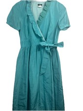J.Crew Silk Wrap Dress Size 4 Teal Ruffle Short Sleeve Fit Flare Lined Elegant