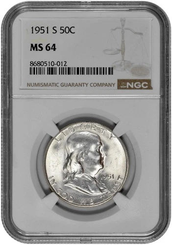 1951 S 50C Silver Franklin Half Dollar NGC Graded MS 64 White Coin in New Holder