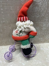 SANTA Riding A Bike Decor , Plush Felt Santa , Lavender Metal Bike, Embroidered