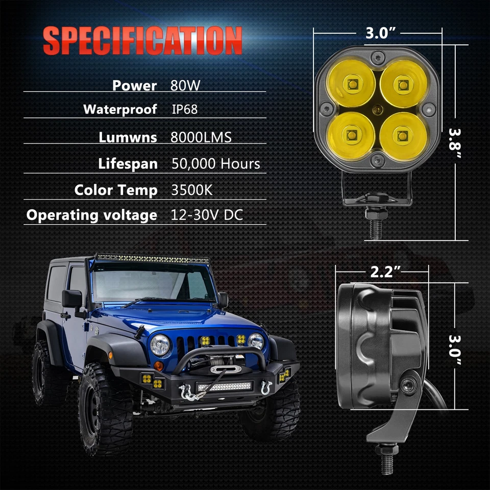 2X 3inch Ditch LED Cube Pods Work Light Bar Spot Driving Fog Amber Offroad Foto 4 de 4