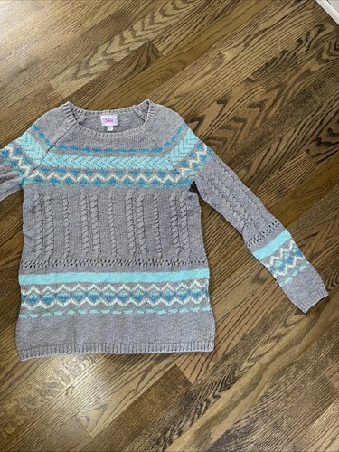 Justice Girls 12 gray blue white fancy Knit Long Sweater - Picture 3 of 8