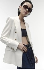 Zara Women's White Double-Breasted Blazer Jacket Size S Notch Lapel Gold Buttons