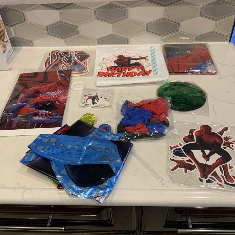 Pancarta de hombre araña foto telón de fondo globos de cumpleaños pancarta adorno de pastel y más Foto 2 de 4