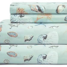 Tranquil Tides Queen 4 pc Sheet Set Aqua Blue Coastal Collection Seashell Beach
