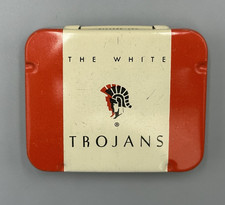 Condón profiláctico vintage blanco Trojans lata publicitaria