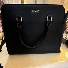 Nine West Black Zip Satchel Top Handle, Detachable Chain Strap, Gold Hardware