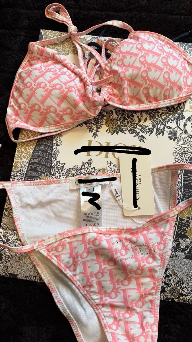Christian Dior Pink Logo Print Rhinestone Bikini Set L Halter Christian Dior Pink Logo Print Rhinestone Bikini Set L Halter