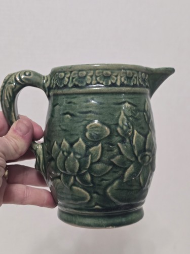 McCoy Green Glazed Stonewear Pitcher Embossed Lily Pads & Fish Shaped Handle - Picture 2 of 19
