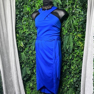 Hanna Nikole Dress Size 20W Royal Blue Faux Wrap Midi Halter Neck Cocktail  3231