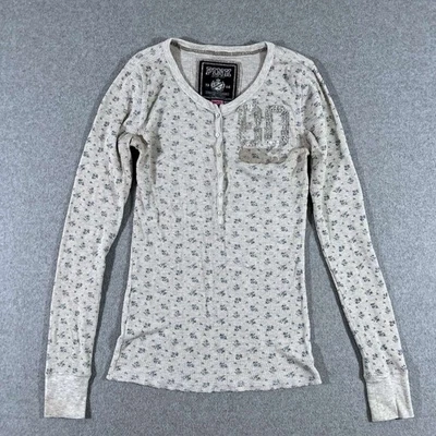 Victoria's Secret PINK Y2K Floral Thermal Henley Shirt Rhinestone 86 Size Large - Image 1 of 4