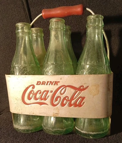 Vintage 6 Pk Drink Coca Cola Wood Handle Aluminum Metal Drink Carrier w/ Bottles