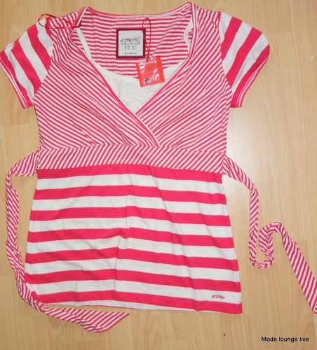 ESPRIT Bluse Longshirt Shirt L 40 Wickel Stripe red creme rot Tunika Streifen - Picture 4 of 4