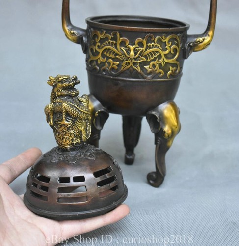 10.8 " Ancient China Bronze Gilt Dynasty Elephant Ear Hollow Out Incense burner - Picture 11 of 14