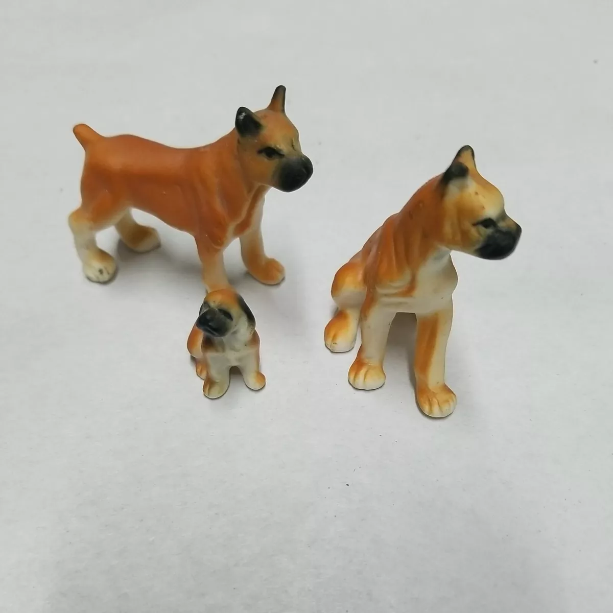 (3) Miniature Boxer Dog/Puppy Figures Bone China Porcelain White & Brown  Japan