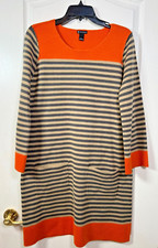 New Directions Sweater Dress Women's Large Gray, Beige Stripe W Orange Acrylic