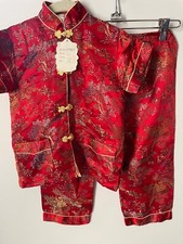 NOS VTG PEONY SHANGHAI CHINA RED FLORAL CHINESE BROCADE 2PC TOP PANT SET KID'S 6