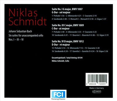 BACH: SIX SUITES FOR UNACCOMPANIED CELLO NOS. 1, 3 & 6 NEW CD