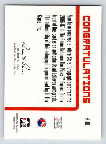 2006-07 Between The Pipes AUTO #ADL David LeNeveu (ref 199329) - Picture 2 of 2