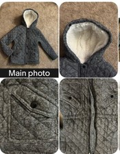 Girls Dark Gray/Black Quilted Sherpa Fleece Lined Jacket Hood Pockets Zip 10/12