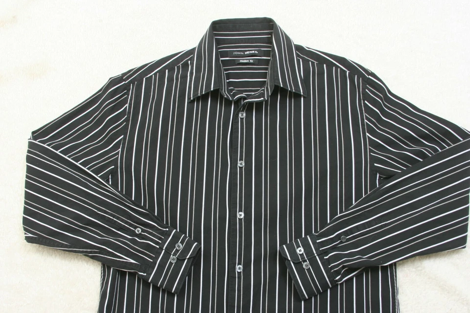 Dress Shirt Medium Cotton John Henry Long Sleeve Mans Striped Black White 1287 - Image 2 of 4