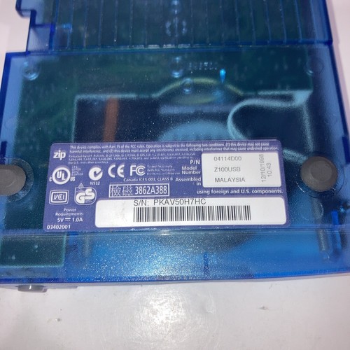 Iomega Zip 100 External Disk Drive Z100USB Translucent Blue W/ Power Untested - Afbeelding 4 van 5
