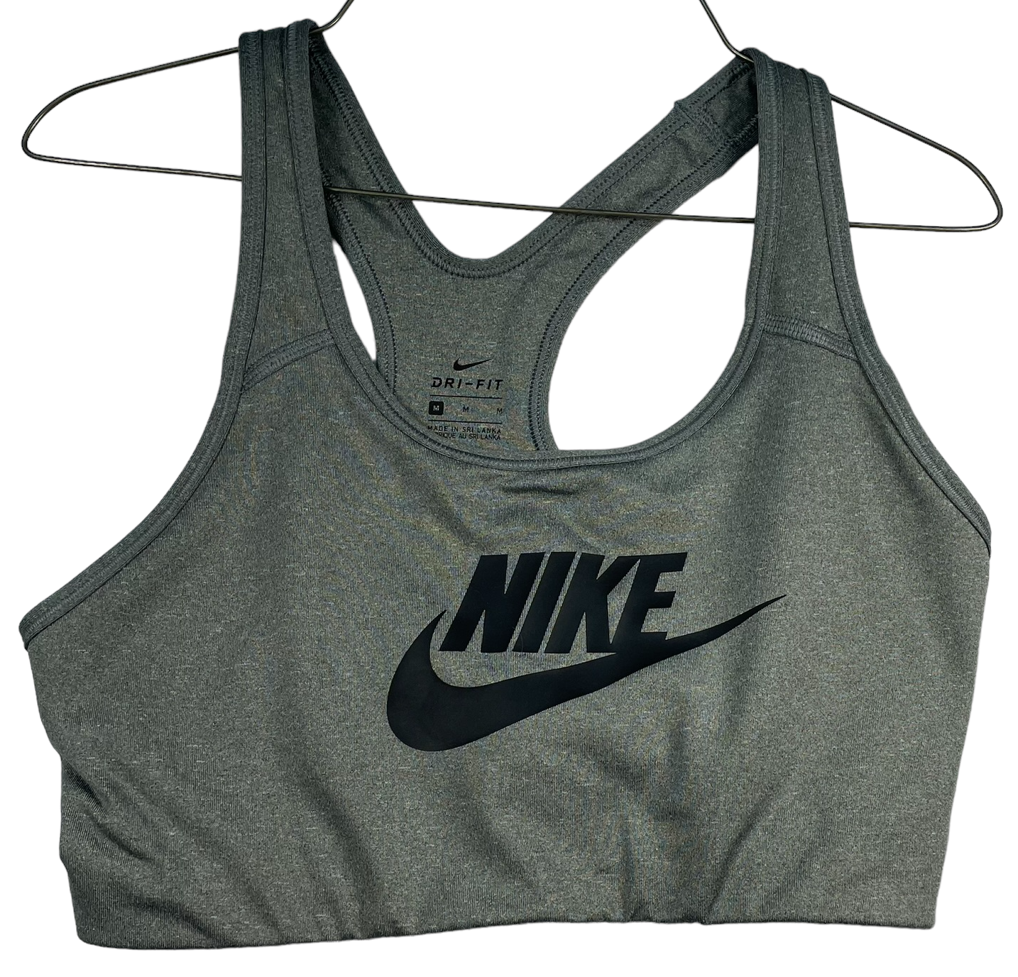 Nike Sports Bra Womens size Medium Gray Stretch Dri-Fit BIG Nike Logo-image