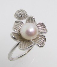 925 STERLING SILVER PEARL FLOWER  CZ BYPASS RING SIZE 6  2.5 G