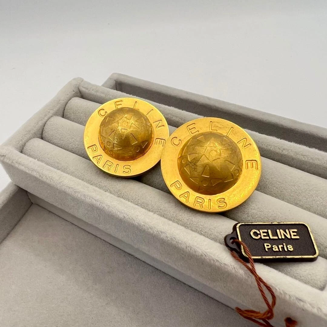 CELINE Earrings Vintage big face Gold Plated Made in Italy Used From Japan