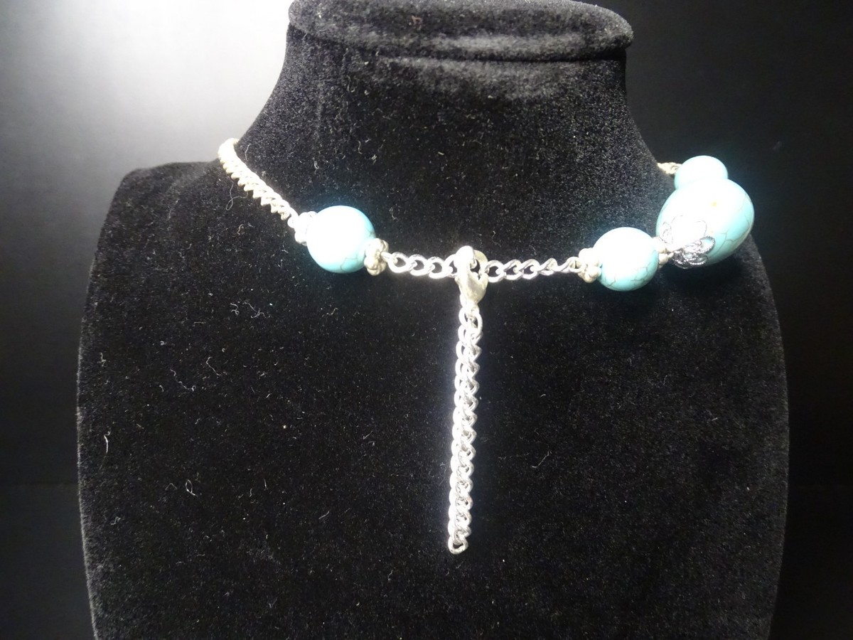 Southwestern Turquoise Statement Necklace With Silver-Toned Beads & Spacers View 4