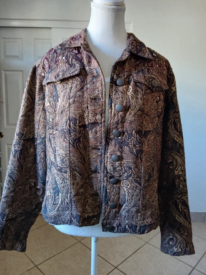 Chico’s Size 2 L Metallic Paisley Jacquard Button Jacket Boho Evening Coat - Image 2 of 4