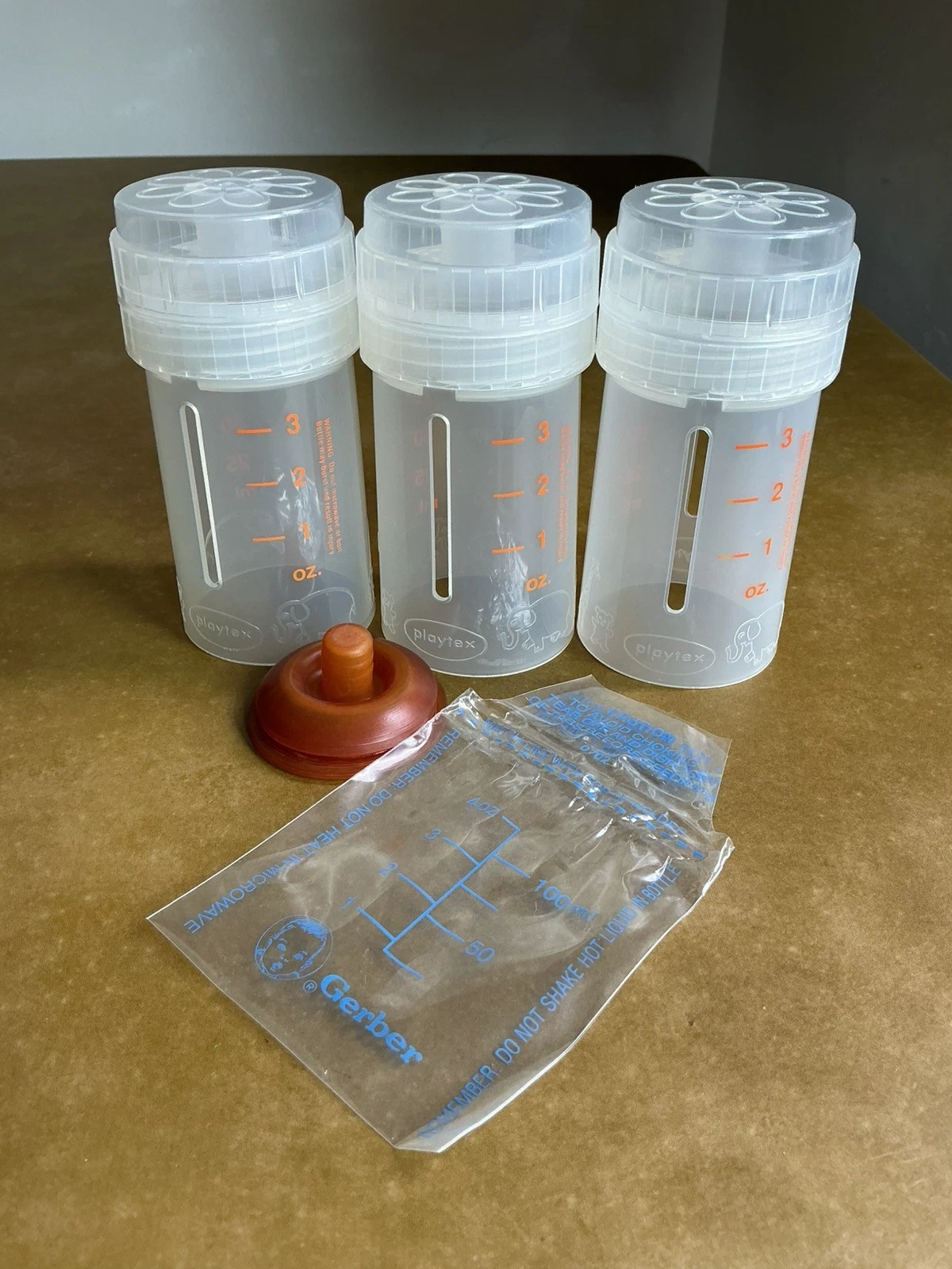 3 Vintage Playtex Drop In 4oz Bottles + 1 RARE Flat Nipple and liner