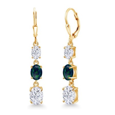 18K Yellow Gold Plated Silver White Moissanite 3 Stone Dangle Earrings For
