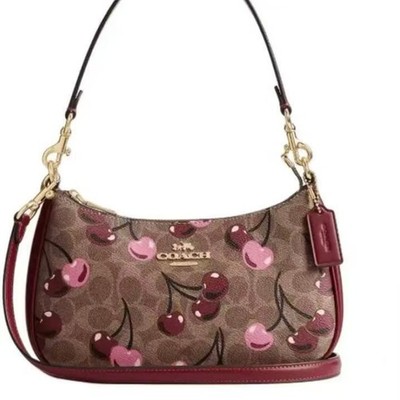 COACH CY694 Teri Shoulder Bag Signature Canvas Cherry Print Tan Brown Outlet