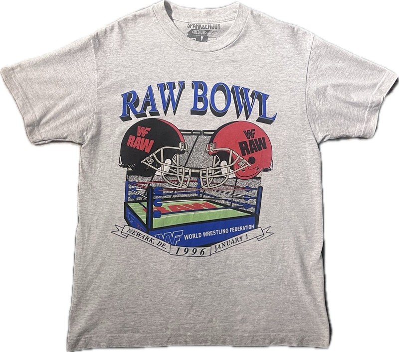 Vintage Spark & Enjoy WWF RAW Bowl Wrestling T-Shirt Gray M Newark DE Jan 1 1996
