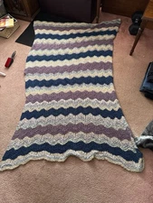 Hand Crocheted Afghan Throw Blanket 72” x 40” Blue Purple Ripple Handmade