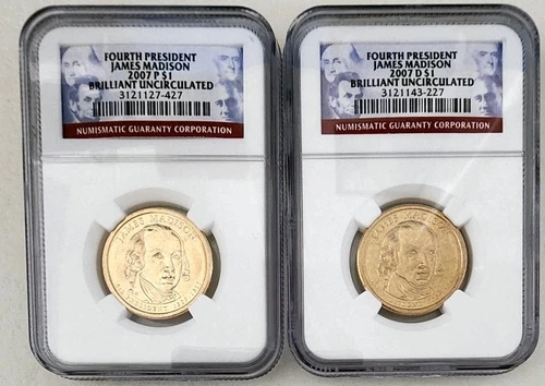 2 US Coin 2007 P&D James Madison Presidential $1 Dollar NGC BU KM 404