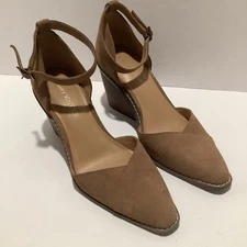 Crown Vintage Audrey Brown Ankle Strap Stacked Wedge 3” Heel Womens Size 9M, Exc