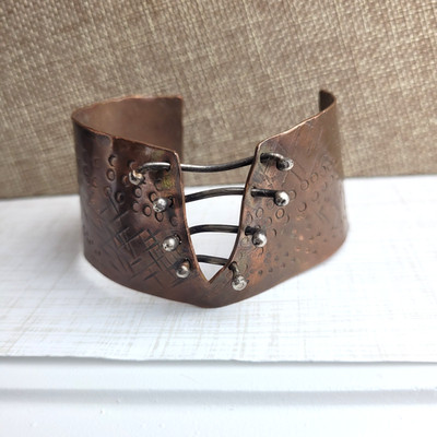 Copper Colored Metal Laced Brutalist Cuff Bracelet 7'' Textured Pattern