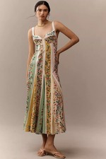 Farm Rio Delicate Floral Stripes Linen Blend Maxi Dress Anthropologie Size L NEW