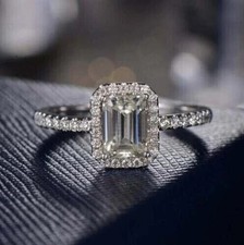 2CT Emerald-Cut VVS1 Moissanite Halo Engagement Ring 14K White Gold Plated