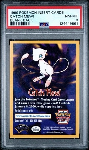 PSA 8 NM-MINT SQUARE CORNER Catch Mew 1999 Mew PROMO Insert WOTC Pokémon League