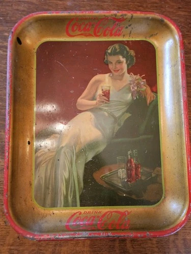 Vintage Coca-Cola Serving Tray Elegant Lady Gown Gold Red Metal 13.5"
