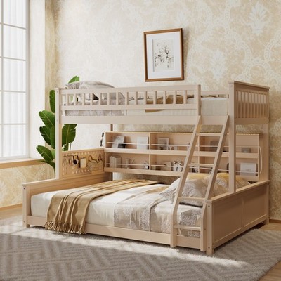 Twin XL over Queen Wooden Bunk Bed w/Shelving & Color-Changing Lights & Pegboard