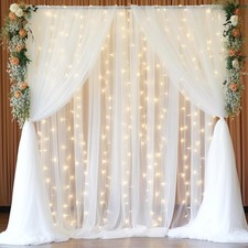 20x8ft White Tulle Backdrop Curtain W/ Lights String Parites Sheer Backdrop