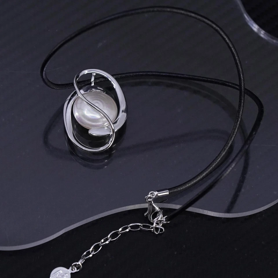 16+2”, Mizuki Plata de Ley 925 Cuero Negro Collar Moneda Perla Colgante Foto 3 de 4